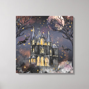 spookhuis Spooky Volle Maan Boom en Bats Canvas Afdruk
