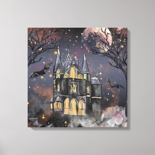 spookhuis | Spooky Volle Maan Boom en Bats Canvas Afdruk (Voorkant)