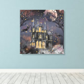 spookhuis | Spooky Volle Maan Boom en Bats Canvas Afdruk (Insitu (Houten vloer))