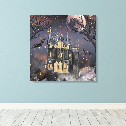 spookhuis | Spooky Volle Maan Boom en Bats Canvas Afdruk (Insitu (Houten vloer))