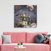 spookhuis | Spooky Volle Maan Boom en Bats Canvas Afdruk (Insitu (Woonkamer))