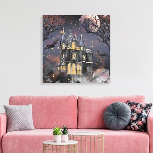 spookhuis | Spooky Volle Maan Boom en Bats Canvas Afdruk (Insitu (Woonkamer))