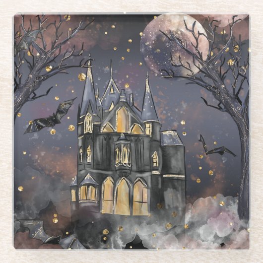 spookhuis | Spooky Volle Maan Boom en Bats Glazen Onderzetter (Voorkant)