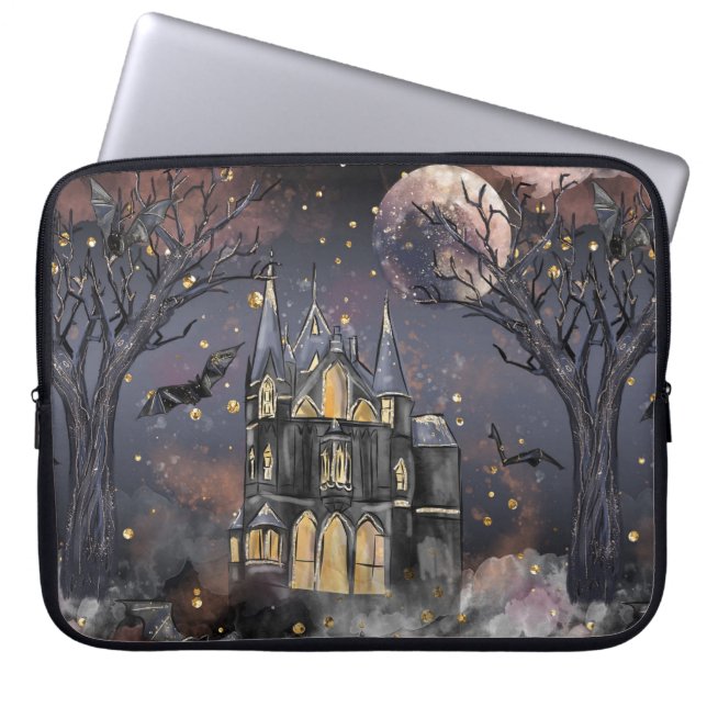 spookhuis | Spooky Volle Maan Boom en Bats Laptop Sleeve (Voorkant)