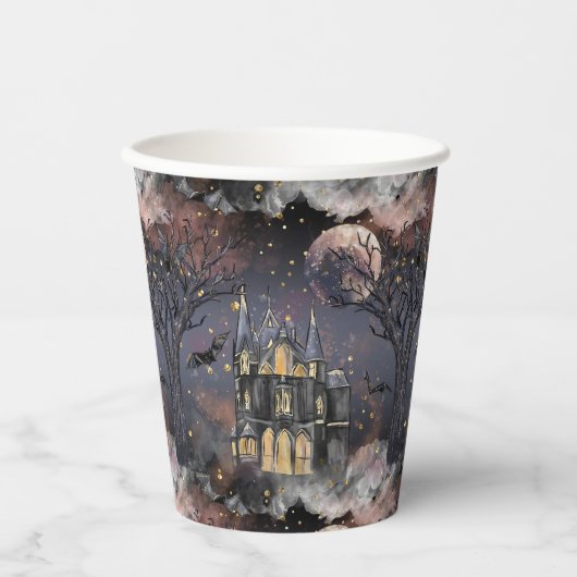 spookhuis | Spooky Volle Maan Boom en Bats Papieren Bekers (Voorkant)