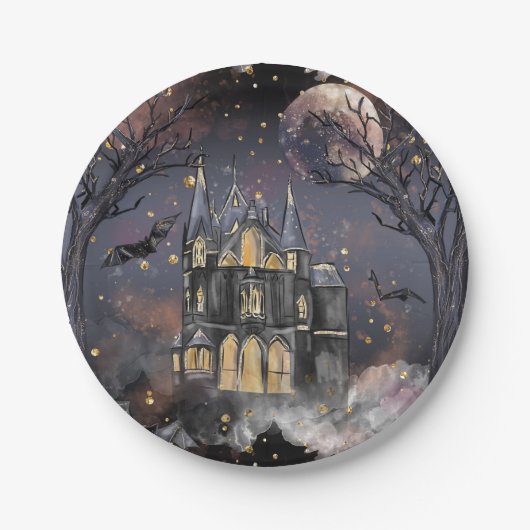 spookhuis | Spooky Volle Maan Boom en Bats Papieren Bordje (Voorkant)