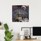 spookhuis | Spooky Volle Maan Boom en Bats Poster (Thuiskantoor)