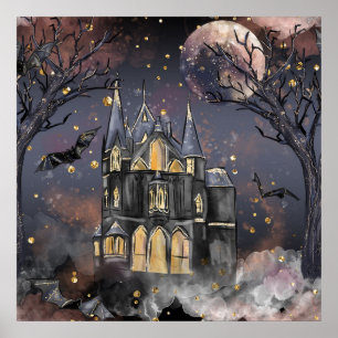 spookhuis Spooky Volle Maan Boom en Bats Poster