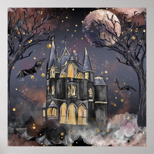 spookhuis | Spooky Volle Maan Boom en Bats Poster (Voorkant)
