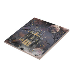 spookhuis   Spooky Volle Maan Boom en Bats Tegeltje