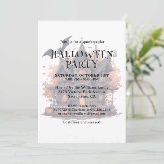 spookhuis vleermuizen pompoen halloween feest kaart (Staand voorkant)