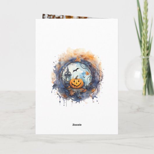 spookhuis vleermuizen pompoenen foto halloween kaart (Achterkant)