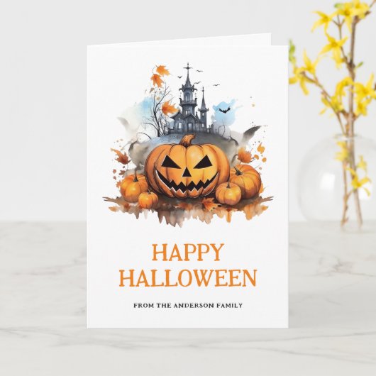 spookhuis vleermuizen pompoenen foto halloween kaart (Gele Bloem)