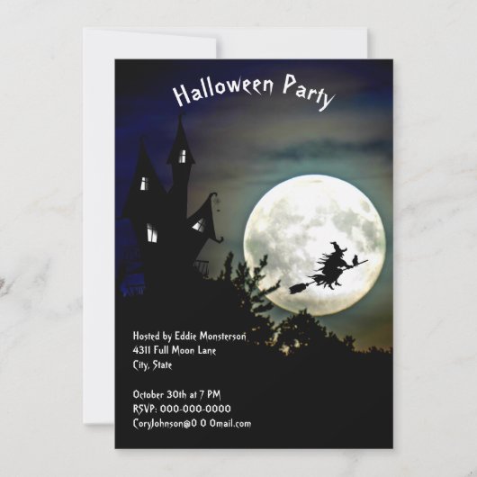 spookhuis, volle maan, heks Halloween feest Kaart (Voorkant)