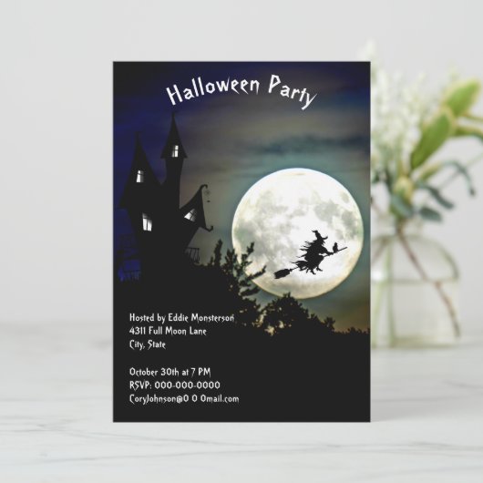spookhuis, volle maan, heks Halloween feest Kaart (Staand voorkant)