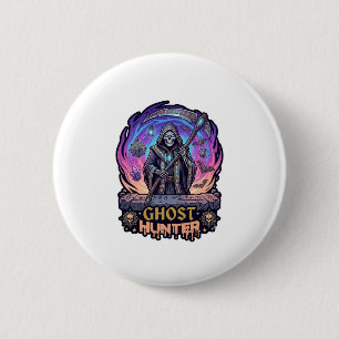 Spookjager Grim Reaper Skelet Zeis Paarse Vlam Ronde Button 5,7 Cm