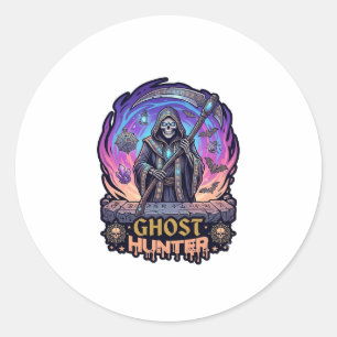 Spookjager Grim Reaper Skelet Zeis Paarse Vlam Ronde Sticker