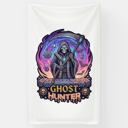 Spookjager Grim Reaper Skelet Zeis Paarse Vlam Spandoek (Verticaal)