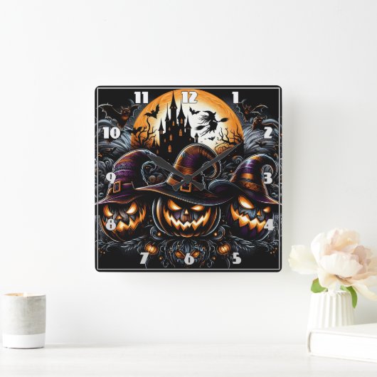 Spookkasteel met spookachtige pompoenen vierkante klok (Huis)