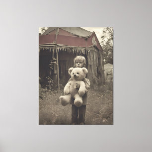 Spookkind bij de verlaten vintage circustent canvas afdruk