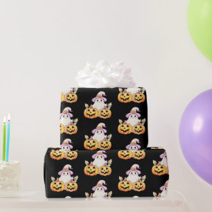 Spookpaarse Heksenhoed Pompoen Patroon Halloween Cadeaupapier