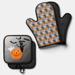 Spookpompoen-vleermuizen Halloween Keukenontwerp Ovenwant & Pannenlap Set