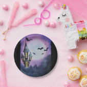 Spookscène met kasteel en vleermuizen papieren bordje (Feest)