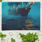 Spookschip op de Stormy Zeeen Design Theedoek (Gevouwen)