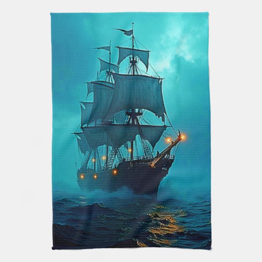 Spookschip op de Stormy Zeeen Design Theedoek (Verticaal)