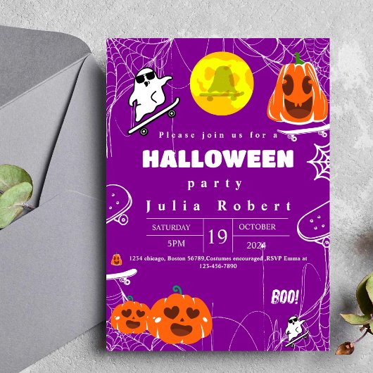 spookskateboard Halloween pompoen paarse Kaart