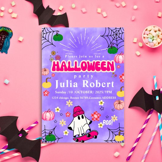 spookskateboard Halloween pompoen paarse Kaart