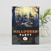Spookstad Huizen Pompoenen Halloween Kaart (Staand voorkant)