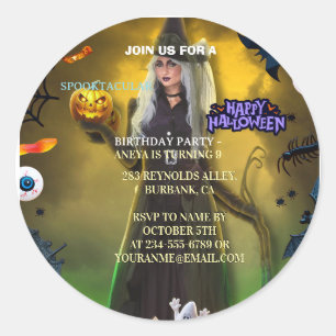 Spooktactulaire Halloween-verjaardagsuitnodiging Ronde Sticker