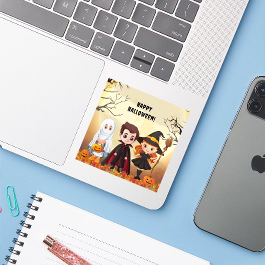 Spooktaculair Halloween kinderfeest Sticker (Laptop met iPhone)