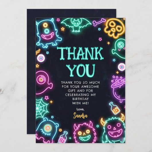 Spooktaculair Neon Halloween Verjaardag Bedankkaart (Voorkant / Achterkant)