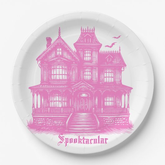 Spooktaculair roze spookhuis Halloween Papieren Bordje (Voorkant)