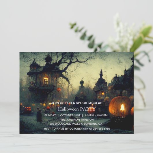 Spooktaculaire Dark Haunted House Halloween Party Kaart (Staand voorkant)