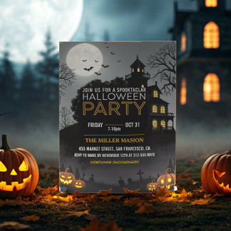 Spooktaculaire Dark Haunted House Halloween Party Kaart