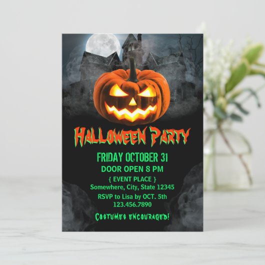 Spooktaculaire pompoen Haunted House Halloween Par Kaart (Staand voorkant)