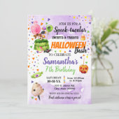 Spooktaculaire snoepjes en behandeling halloween-v kaart (Staand voorkant)