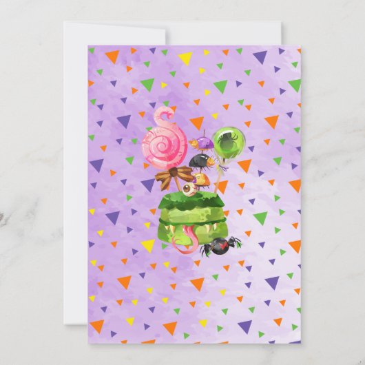 Spooktaculaire snoepjes en behandeling halloween-v kaart (Achterkant)