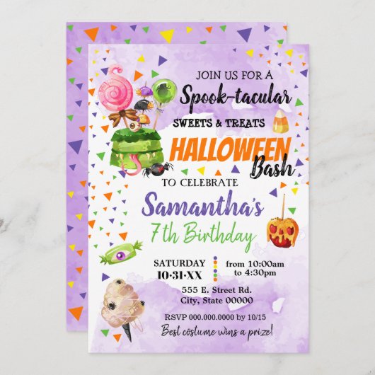 Spooktaculaire snoepjes en behandeling halloween-v kaart (Voorkant / Achterkant)