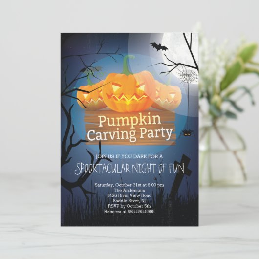 Spooktaculaire vun pomkin Carving Party Halloween Kaart (Staand voorkant)