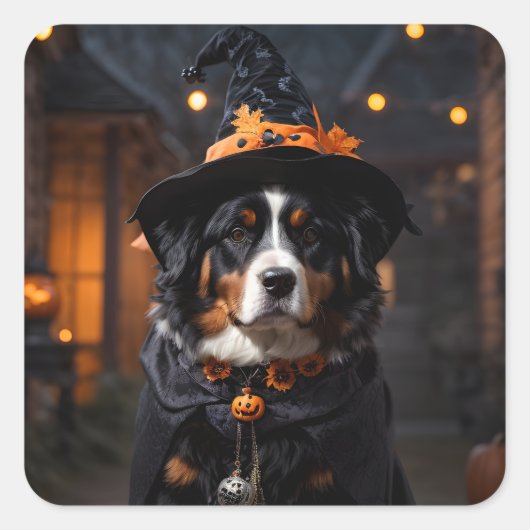 Spooktacular Berner Dog: Een Halloween Howl-o-Ween Vierkante Sticker (Voorkant)