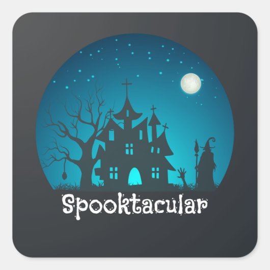 Spooktacular Blue and Black Haunted House Vierkante Sticker (Voorkant)