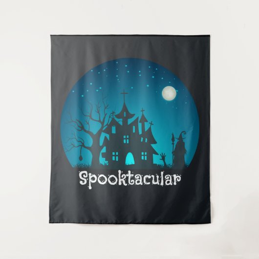 Spooktacular Blue and Black Haunted House Wandkleed (Voorkant)