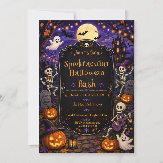 Spooktacular Halloween Bash Skeleton Pumpkin Party Kaart (Voorkant)