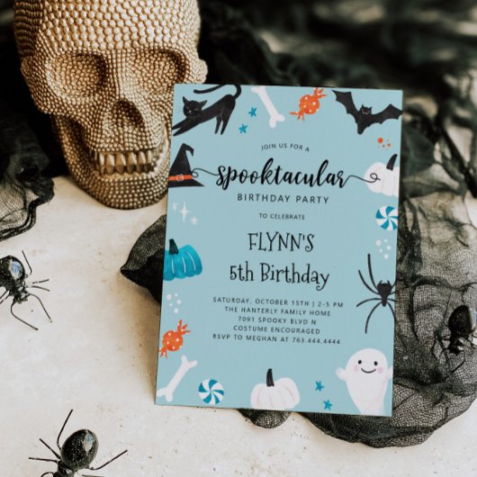 Spooktacular Halloween Birthday Blue Invitation Kaart