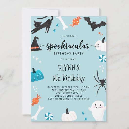 Spooktacular Halloween Birthday Blue Invitation Kaart (Voorkant)