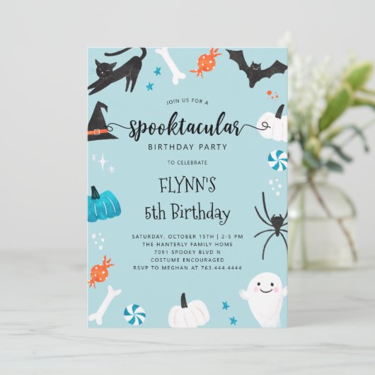 Spooktacular Halloween Birthday Blue Invitation Kaart (Staand voorkant)